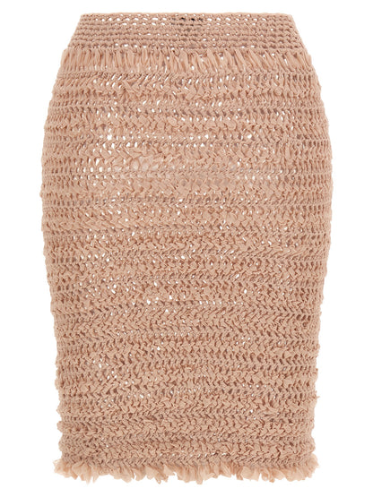 Skirt by ALLIS for women in stretch polyester multicolor, pink & transparent features a sublime silhouette, showcasing the sublime design of the Emma Women's Stretch Polyester Skirt in a sophisticated midi.