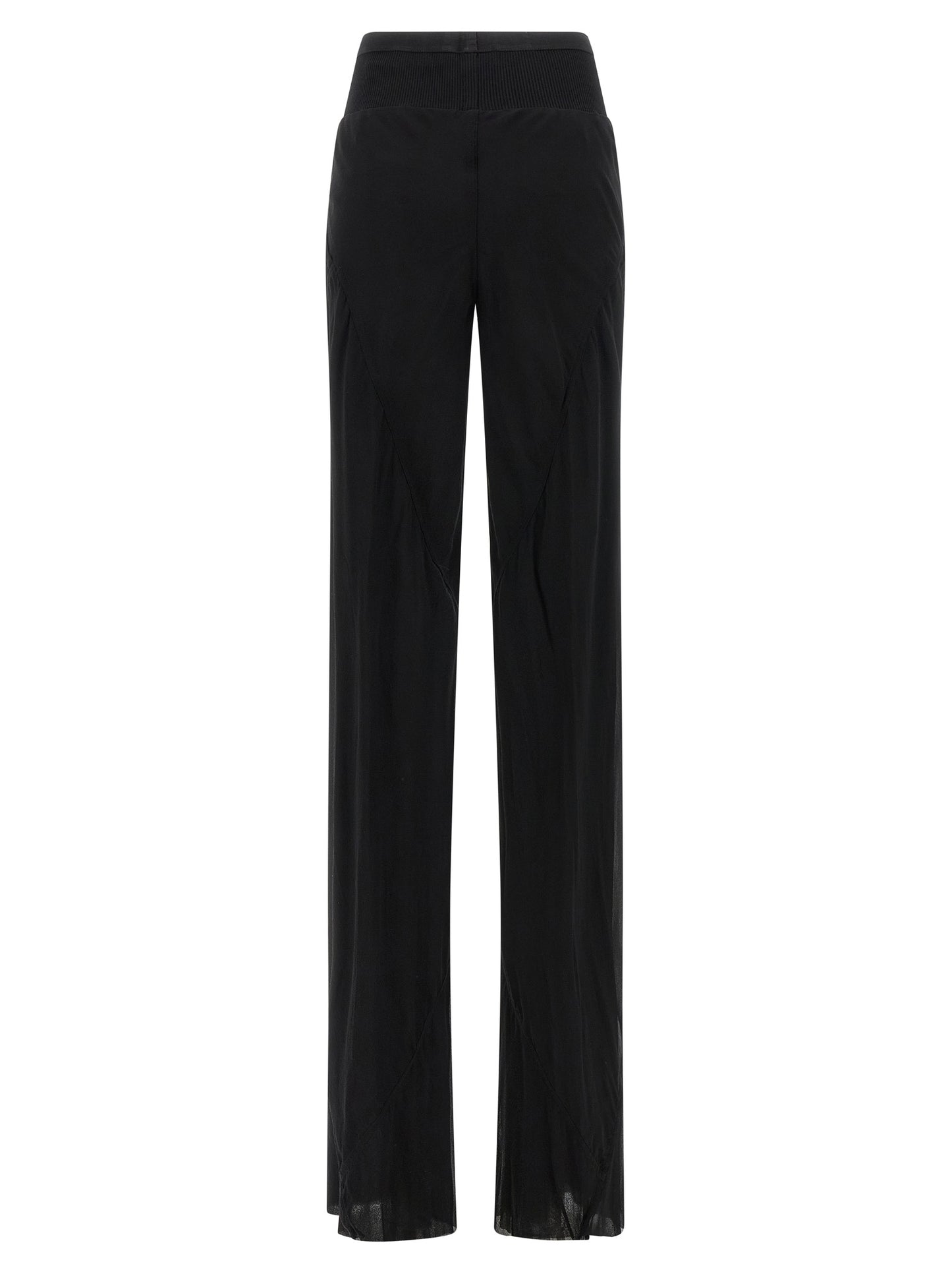 Trousers by Rick Owens for women in silk black & transparent features an sartorial silhouette, showcasing a precise flared and long with a sartorial for a refined look.