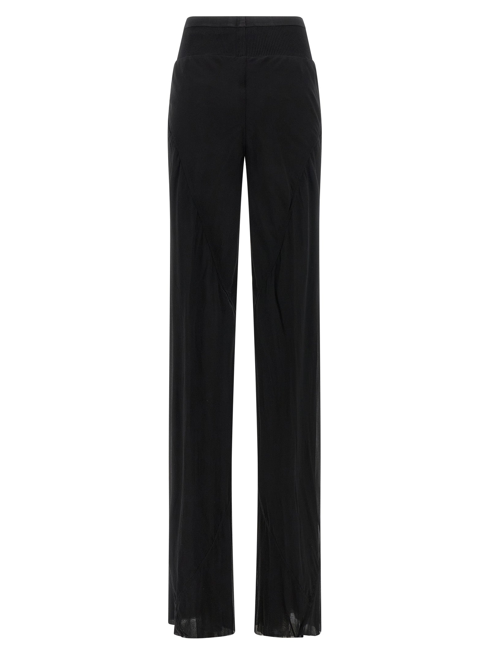 Trousers by Rick Owens for women in silk black & transparent features an sartorial silhouette, showcasing a precise flared and long with a sartorial for a refined look.