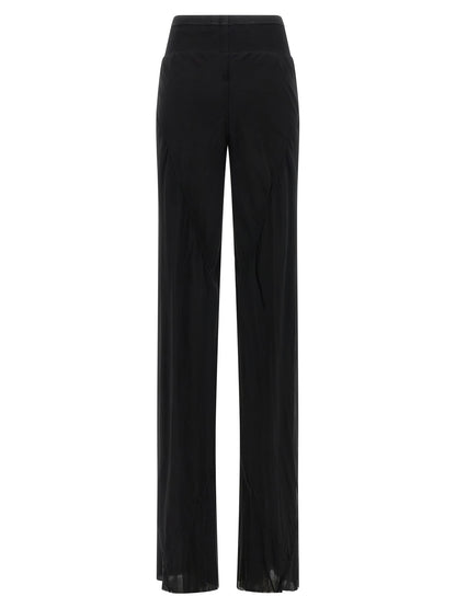 Trousers by Rick Owens for women in silk black & transparent features an sartorial silhouette, showcasing a precise flared and long with a sartorial for a refined look.
