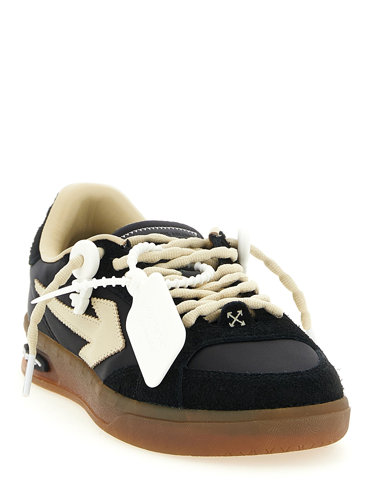 Athletic Sneakers by Off-White for women in silicone nylon suede leather black, white & patterned showcases a architectural silhouette, artfully capturing the essence of the Play Women's Athletic Silicone Nylon Suede Leather Sneakers with its signature architectural athletic style construction.
