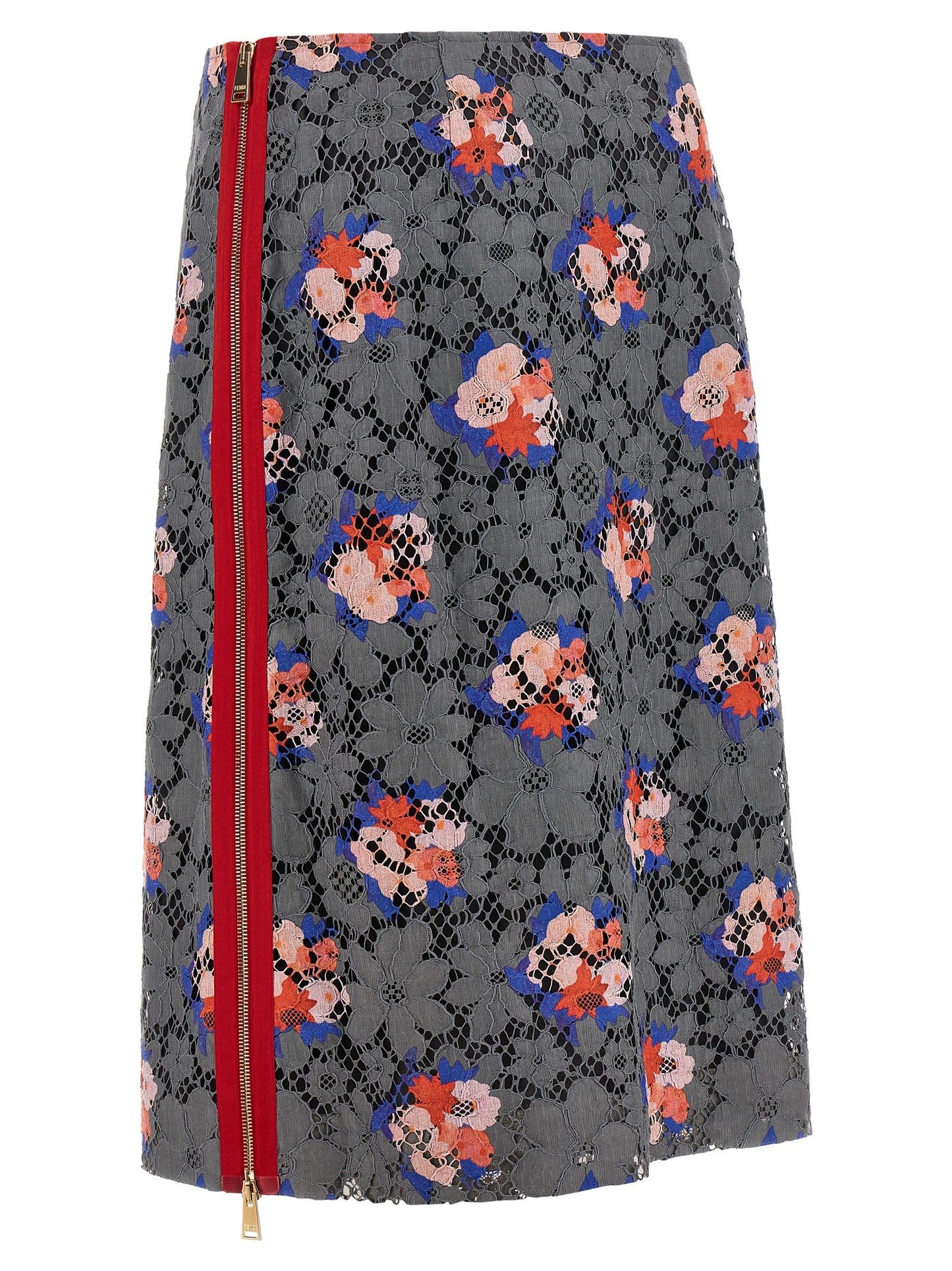 Skirt by Fendi for women in polyamide viscose & cotton gray, floral & print features an tailored silhouette, artfully capturing the essence of Women's Flared Polyamide Viscose & Cotton Midi Skirt in a sophisticated midi.