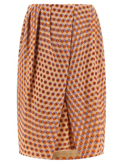 Skirt by Dries Van Noten for women in silk multicolor & patterned showcases a sultry silhouette, elegantly defined by its midi and the sophisticated sultry design of the Women's Asymmetrical Silk Skirt.