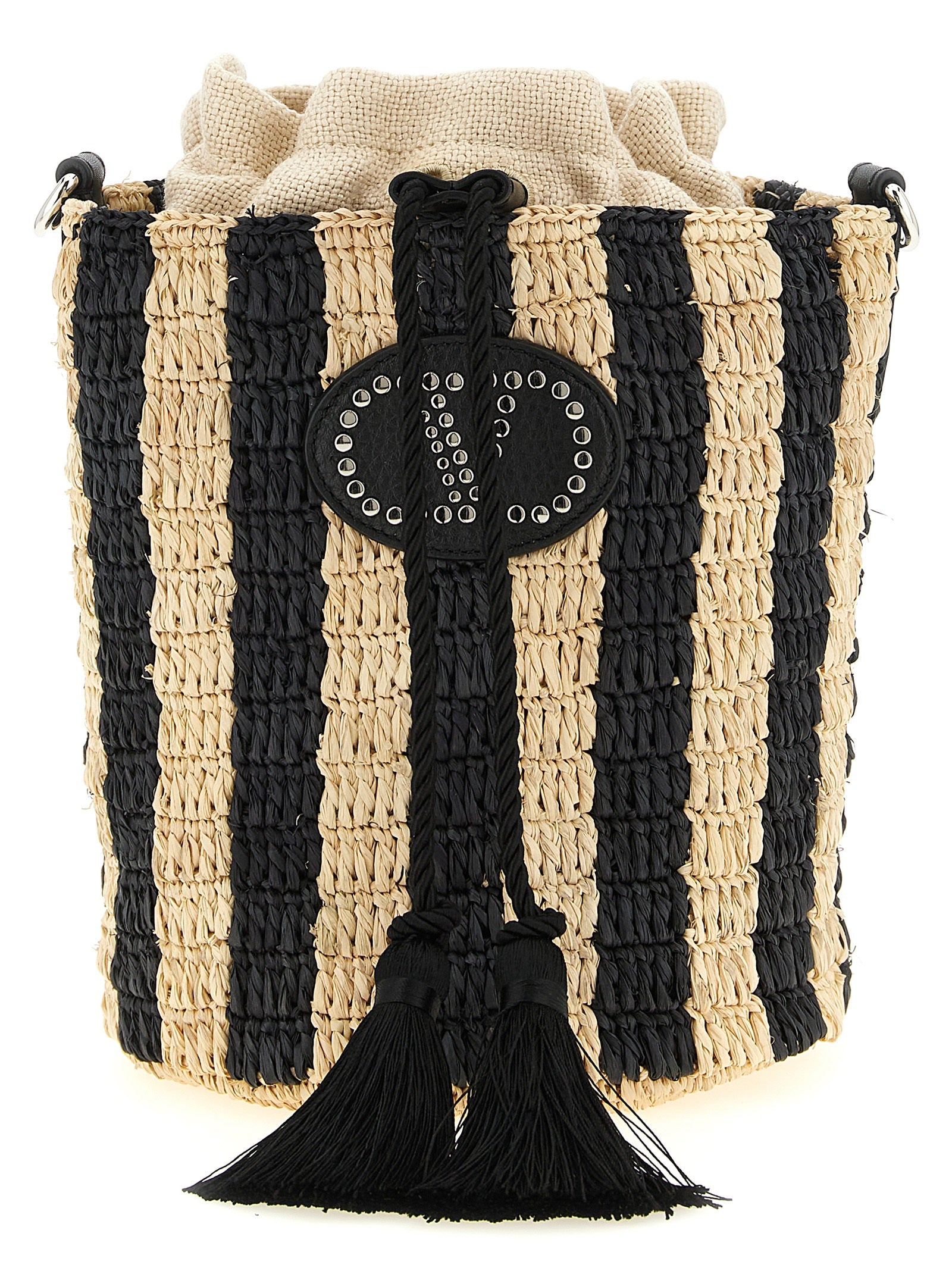 Small Shoulder Bucket Pouch Bag by Valentino Garavani for women in grained leather black, patterned, signature & striped features an effortlessly chic silhouette with a secure drawstring, ample , and versatile shoulder-strap & adjustable-strap for effortlessly chic everyday luxury.