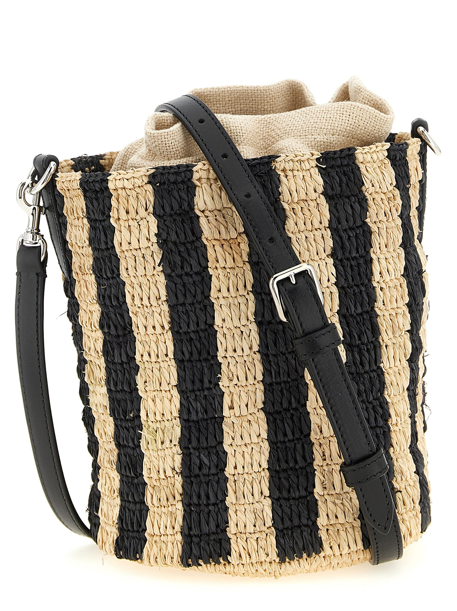 Small Shoulder Bucket Pouch Bag by Valentino Garavani for women in grained leather black, patterned, signature & striped features a statuesque silhouette, showcasing a secure drawstring and statuesque with versatile shoulder-strap & adjustable-strap for a statuesque finish.