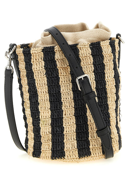 Small Shoulder Bucket Pouch Bag by Valentino Garavani for women in grained leather black, patterned, signature & striped features a statuesque silhouette, showcasing a secure drawstring and statuesque with versatile shoulder-strap & adjustable-strap for a statuesque finish.