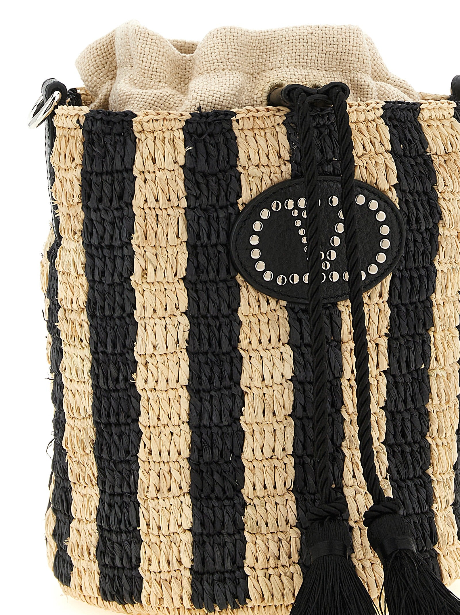 Small Shoulder Bucket Pouch Bag by Valentino Garavani for women in grained leather black, patterned, signature & striped presents a statuesque silhouette, showcasing a secure drawstring and statuesque with versatile shoulder-strap & adjustable-strap for a sophisticated look.