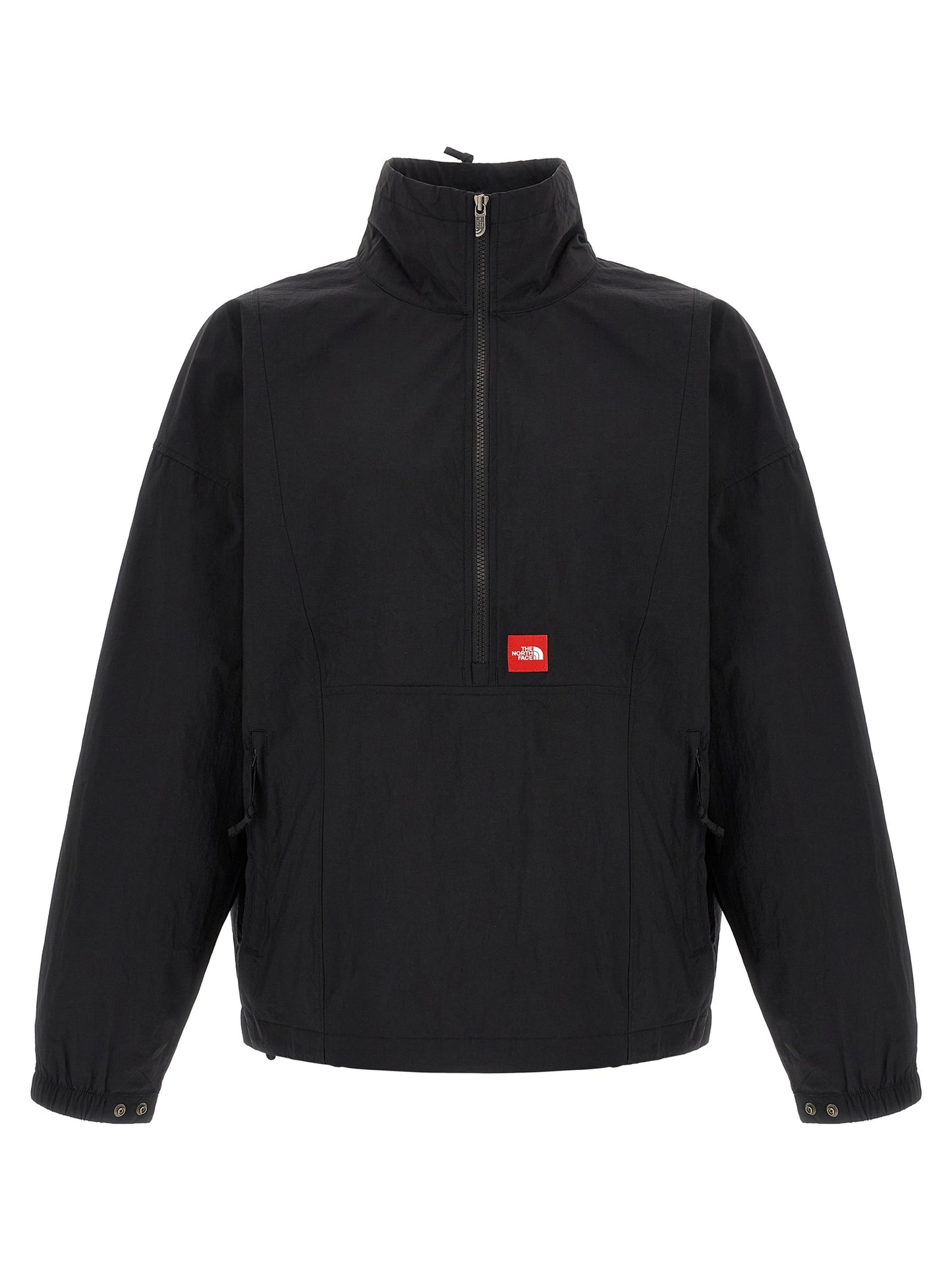 Windbreaker Jacket by The North Face for men in nylon black & red presents a resilient silhouette, artfully detailed with a sophisticated high-neck neckline and functional pockets & windproof for a resilient finish.