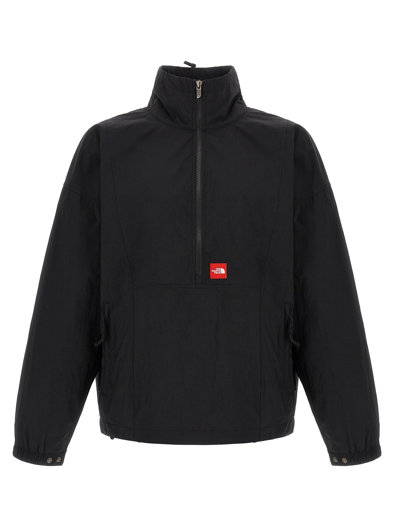 Windbreaker Jacket by The North Face for men in nylon black & red presents a resilient silhouette, artfully detailed with a sophisticated high-neck neckline and functional pockets & windproof for a resilient finish.