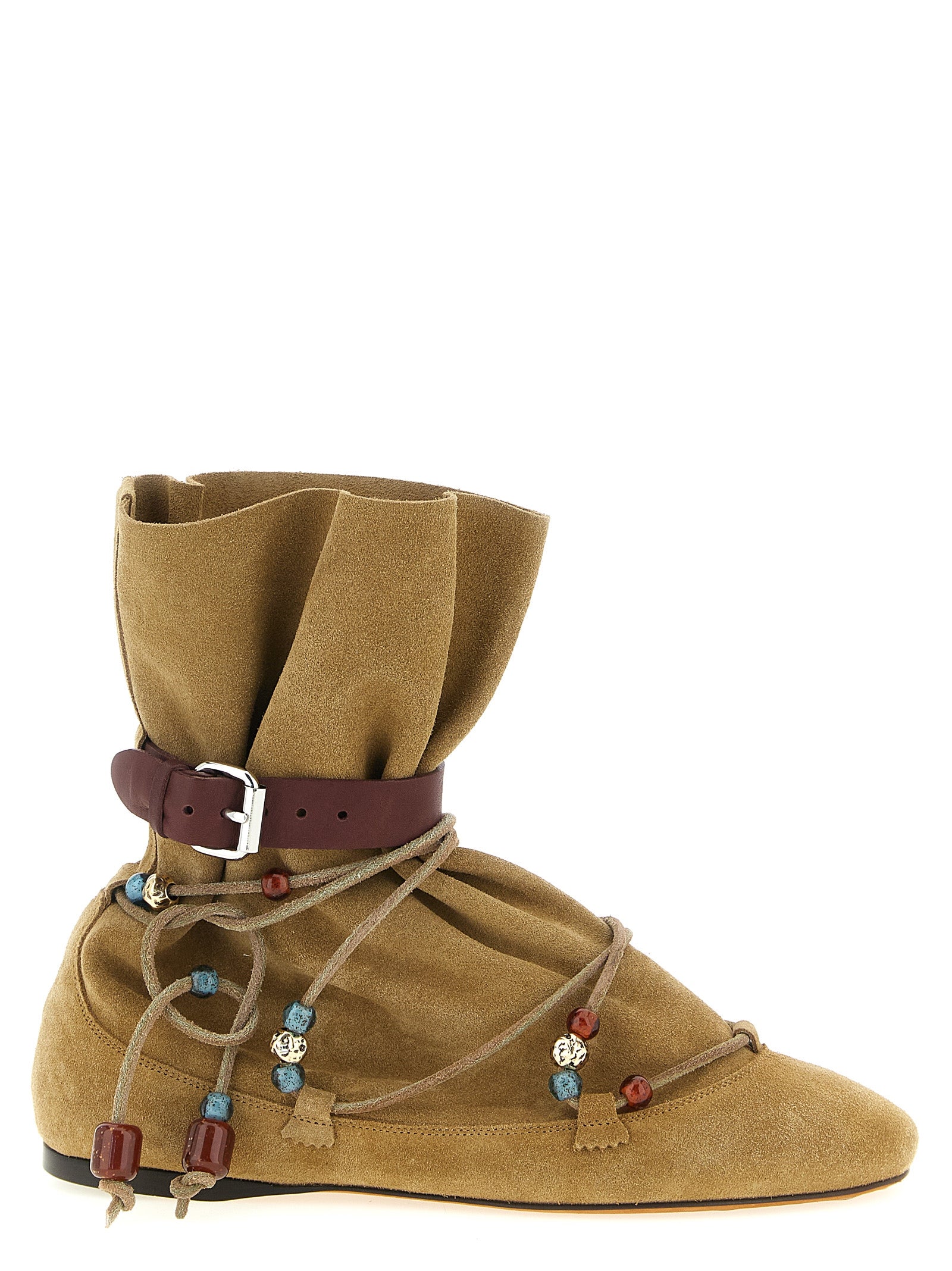 Flat Ankle Strap Boots by Isabel Marant for women in resin & suede calfskin leather beige showcases a impeccable silhouette as Women's Resin & Suede Calfskin Leather Flat Ankle Strap Boots, artfully defined by a impeccable flat and a impeccable .