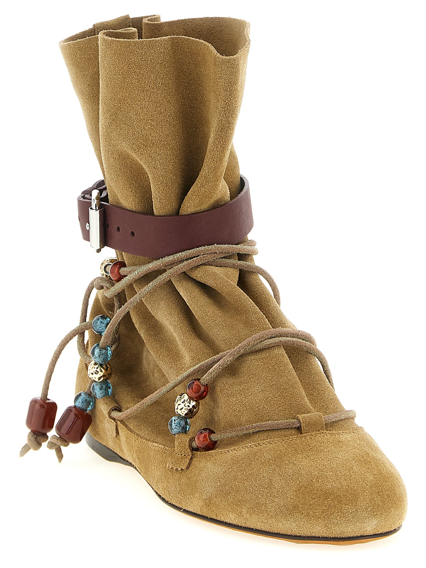 Flat Ankle Strap Boots by Isabel Marant for women in resin & suede calfskin leather beige showcases a ergonomic silhouette from the Women's Resin & Suede Calfskin Leather Flat Ankle Strap Boots collection, featuring a ergonomic flat and a ergonomic .