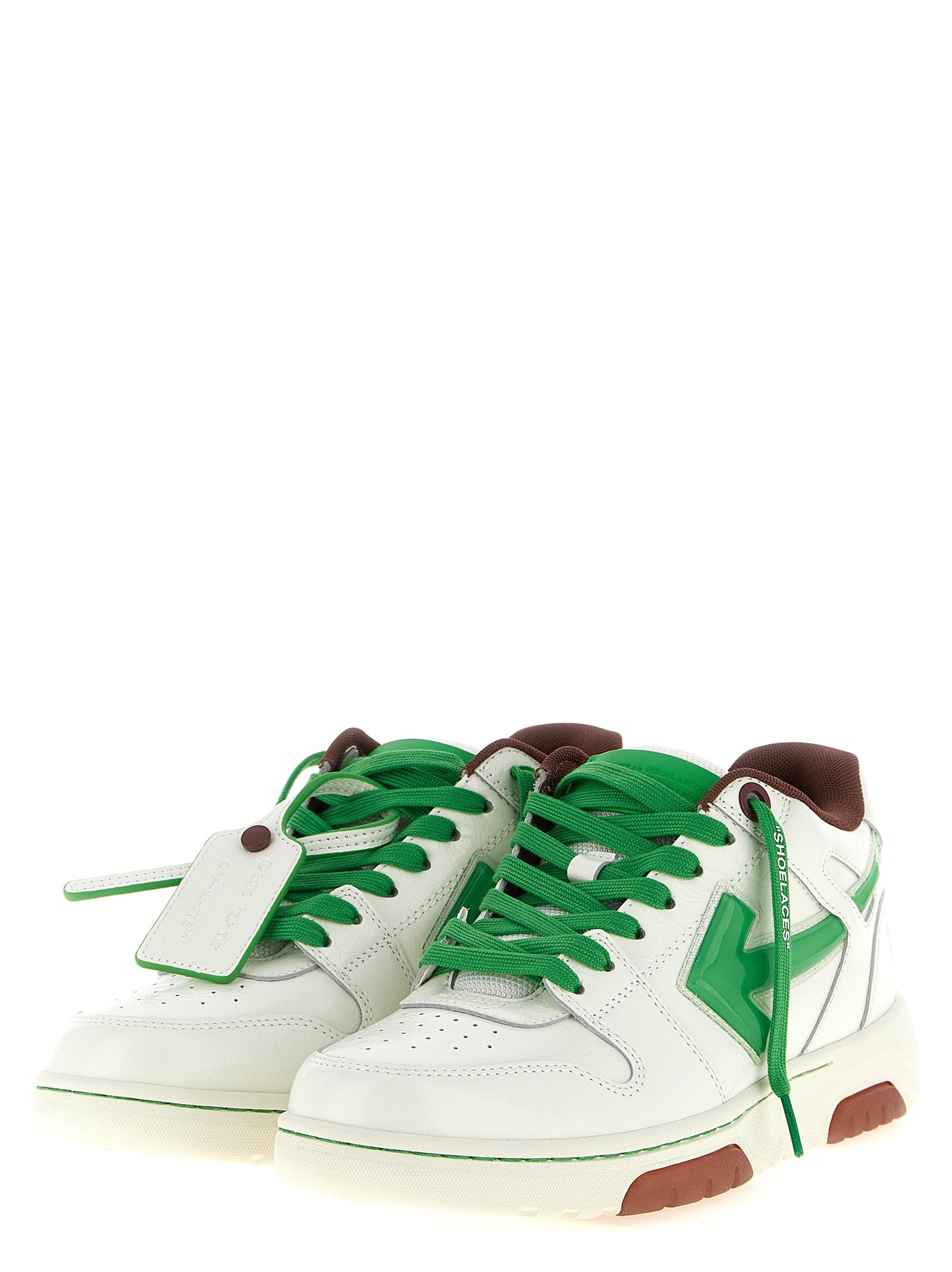 Athletic Sneakers by Off-White for men in tu polyester leather bicolour, green & white features an exquisite silhouette, showcasing the premium athletic style of the Men's Athletic TU Polyester Leather Sneakers with an exquisite finish.