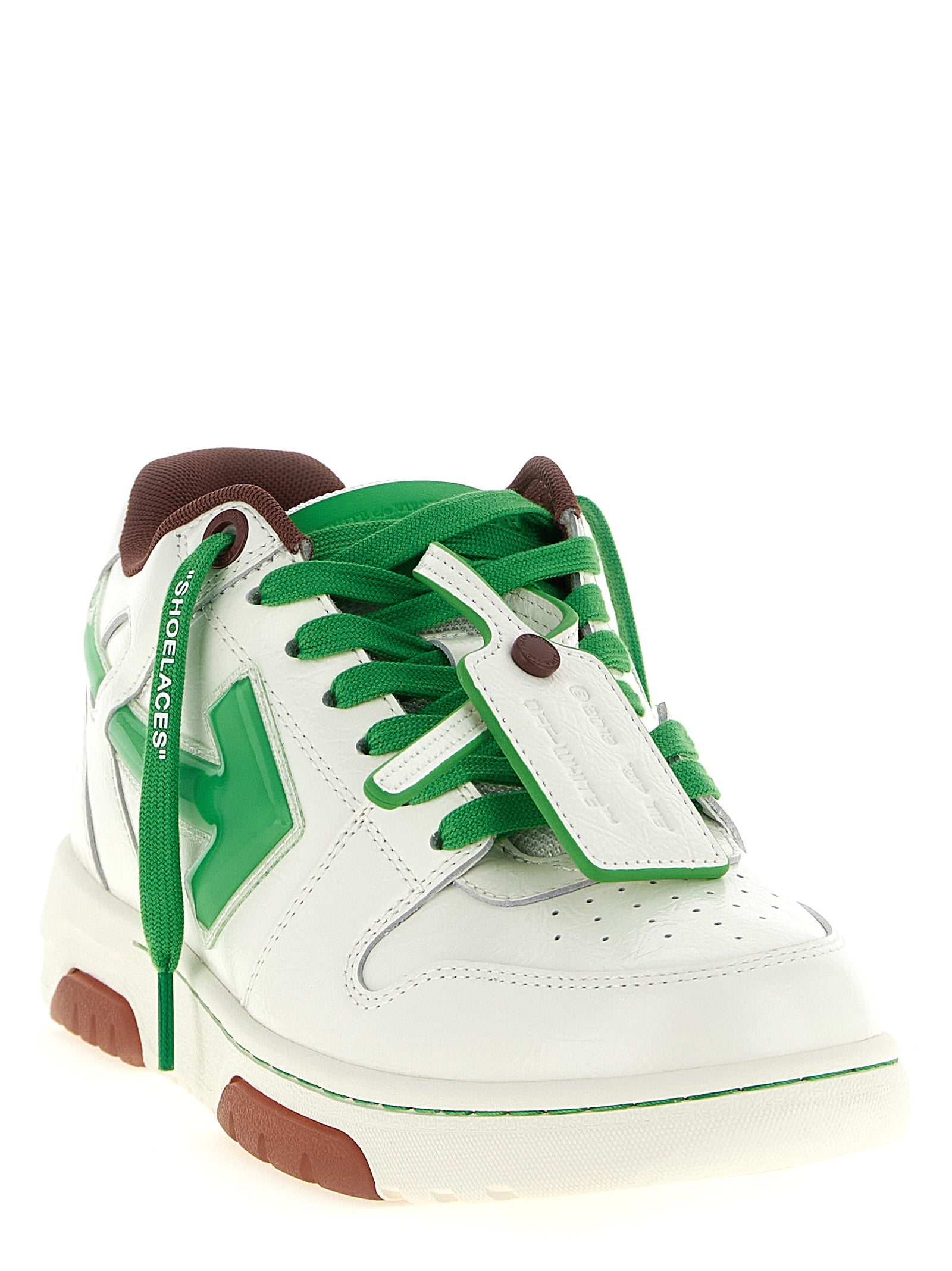 Athletic Sneakers by Off-White for men in tu polyester leather bicolour, green & white features an timeless silhouette from the Men's Athletic TU Polyester Leather Sneakers collection, showcasing a timeless athletic style for a timeless look.