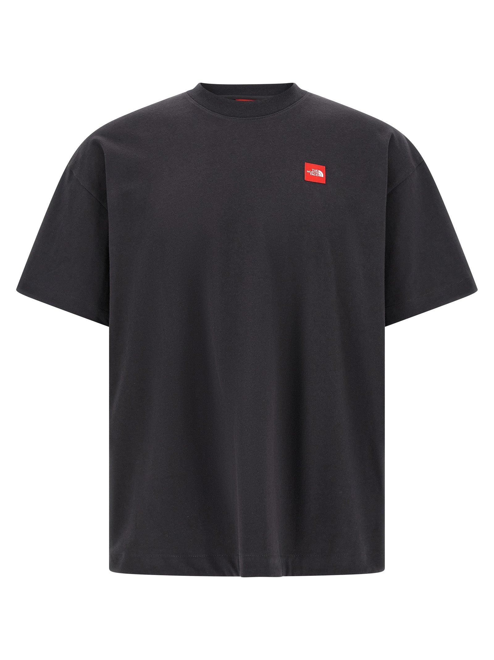 T-Shirt by The North Face for men in cotton gray & red features a plush silhouette, showcasing a sophisticated crew neckline and short-sleeve for a truly plush finish.