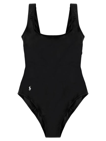 One-Piece Swimsuit by Polo Ralph Lauren for women in stretch nylon black features a ethereal silhouette, artfully capturing the essence of Pony Waves Women's Stretch Nylon One-Piece Swimsuit with its ethereal design and refined cut.