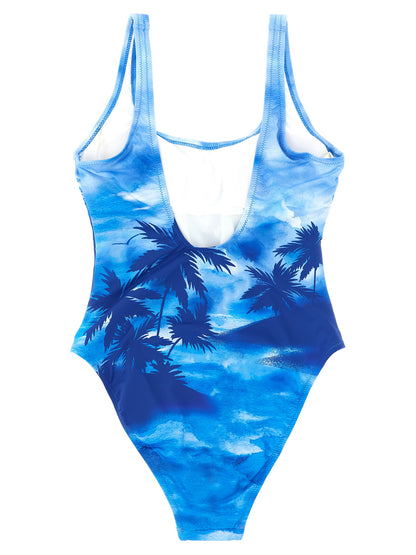 One-Piece Swimsuit by Polo Ralph Lauren for women in stretch nylon blue, patterned & print features a contemporary silhouette, showcasing the contemporary cut of this Women's Stretch Nylon One-Piece Swimsuit for a sophisticated, contemporary beachwear aesthetic.