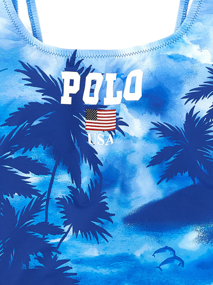 One-Piece Swimsuit by Polo Ralph Lauren for women in stretch nylon blue, patterned & print showcases a captivating silhouette, artfully capturing the essence of the captivating Women's Stretch Nylon One-Piece Swimsuit design for a sophisticated look.