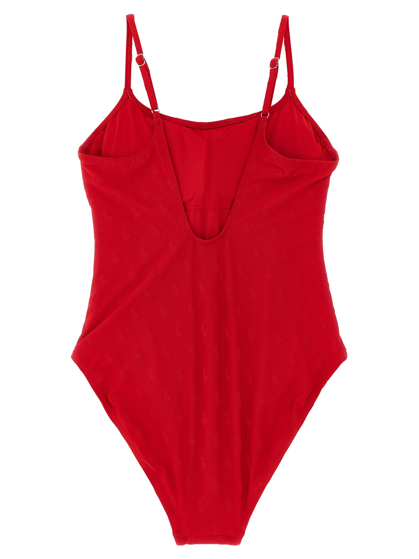 One-Piece Swimsuit by Polo Ralph Lauren for women in stretch polyester multicolor, red & jacquard features an jaw dropping silhouette, showcasing the jaw dropping Pony Waves Women's Stretch Polyester One-Piece Swimsuit design with a sophisticated cut for a jaw dropping finish.