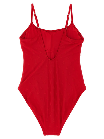 One-Piece Swimsuit by Polo Ralph Lauren for women in stretch polyester multicolor, red & jacquard features an jaw dropping silhouette, showcasing the jaw dropping Pony Waves Women's Stretch Polyester One-Piece Swimsuit design with a sophisticated cut for a jaw dropping finish.