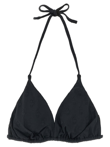 Swimwear Top by Polo Ralph Lauren for women in stretch polyester black & jacquard features a beach chic silhouette, beautifully showcasing the signature design of the Pony Women's Stretch Polyester Swimwear Top.