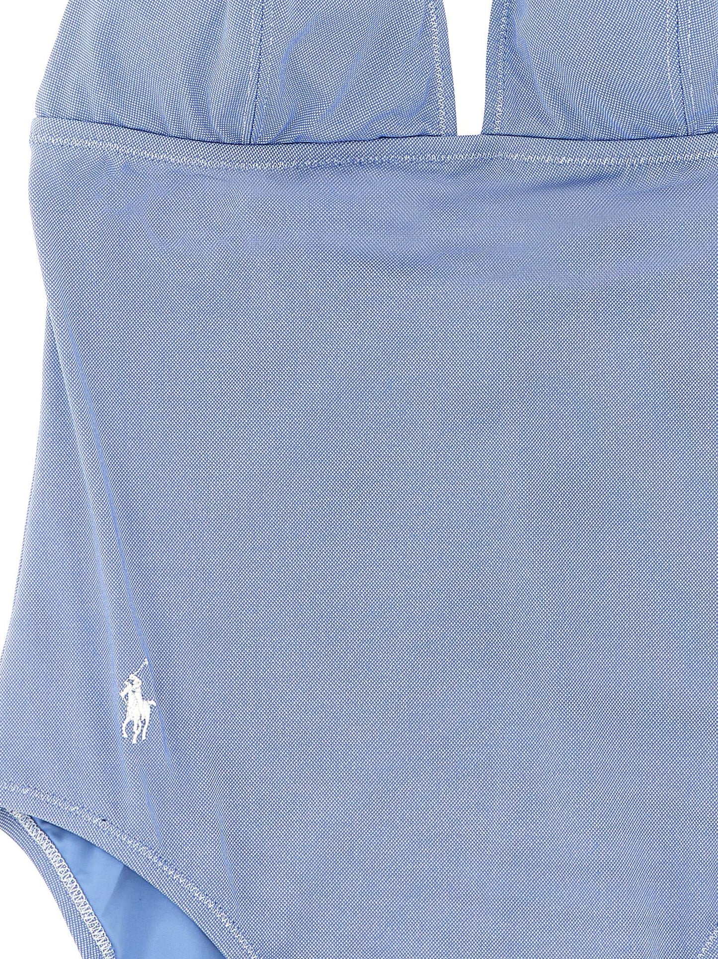 One-Piece Swimsuit by Polo Ralph Lauren for women in stretch nylon polyester light-blue showcases a couture inspired silhouette from the Women's Stretch Nylon Polyester One-Piece Swimsuit collection, featuring a couture inspired cut designed for a couture inspired and couture inspired poolside look.