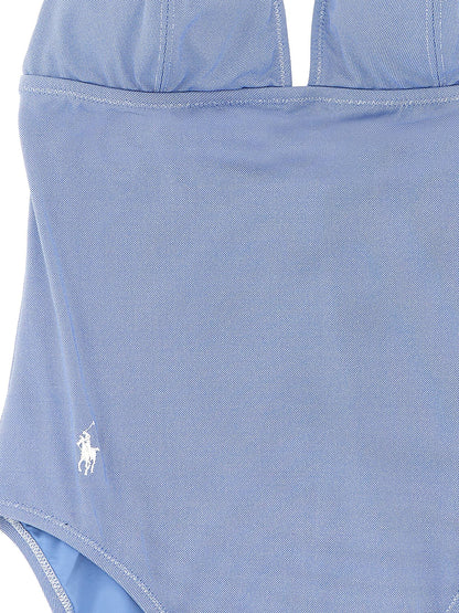 One-Piece Swimsuit by Polo Ralph Lauren for women in stretch nylon polyester light-blue showcases a couture inspired silhouette from the Women's Stretch Nylon Polyester One-Piece Swimsuit collection, featuring a couture inspired cut designed for a couture inspired and couture inspired poolside look.