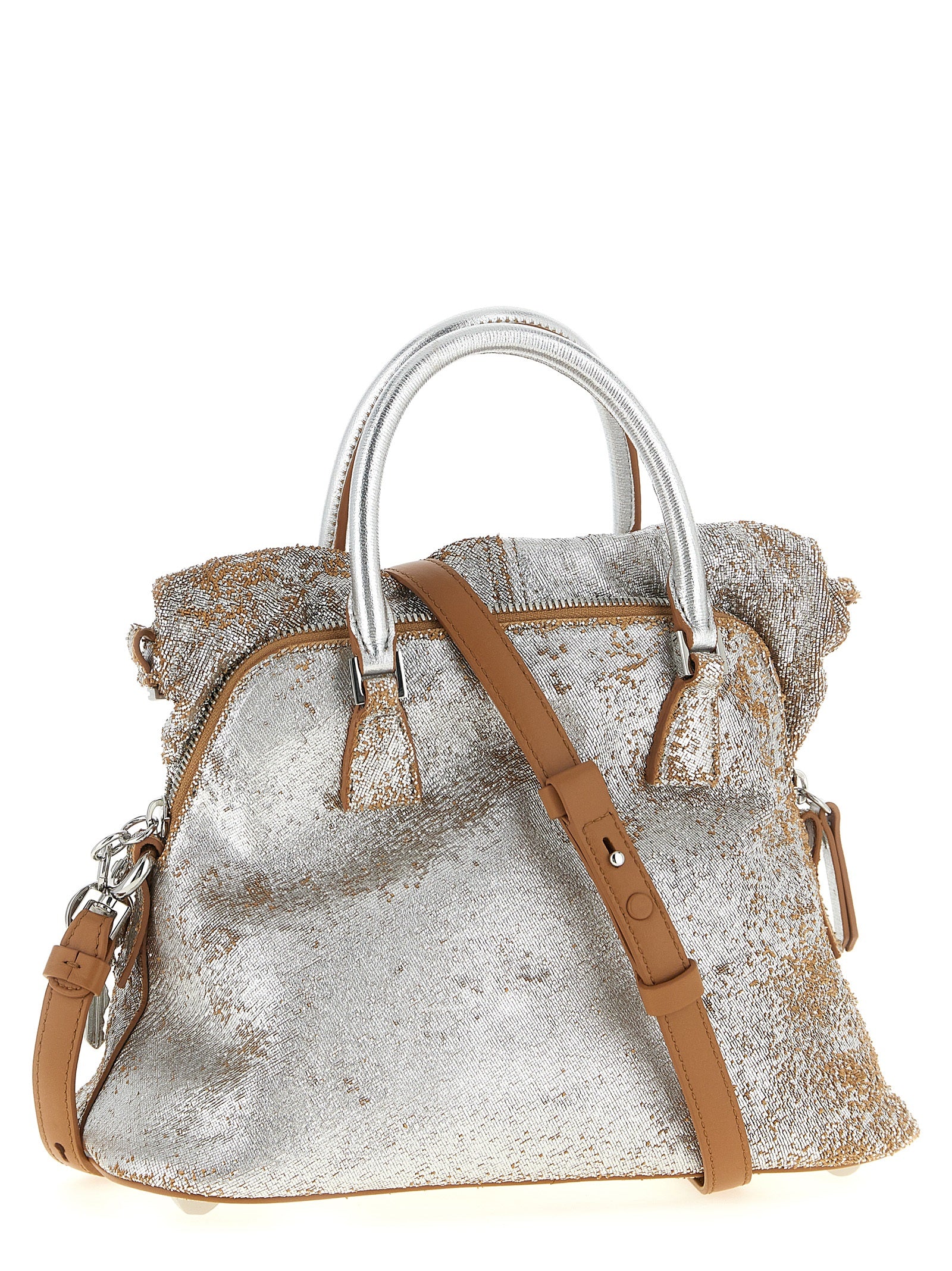 This Mini Handbag by Maison Margiela for women in lamb leather and silver presents a sculptural silhouette featuring a secure zipper, ample , and versatile shoulder-strap, adjustable-strap & handle for a sculptural finish.