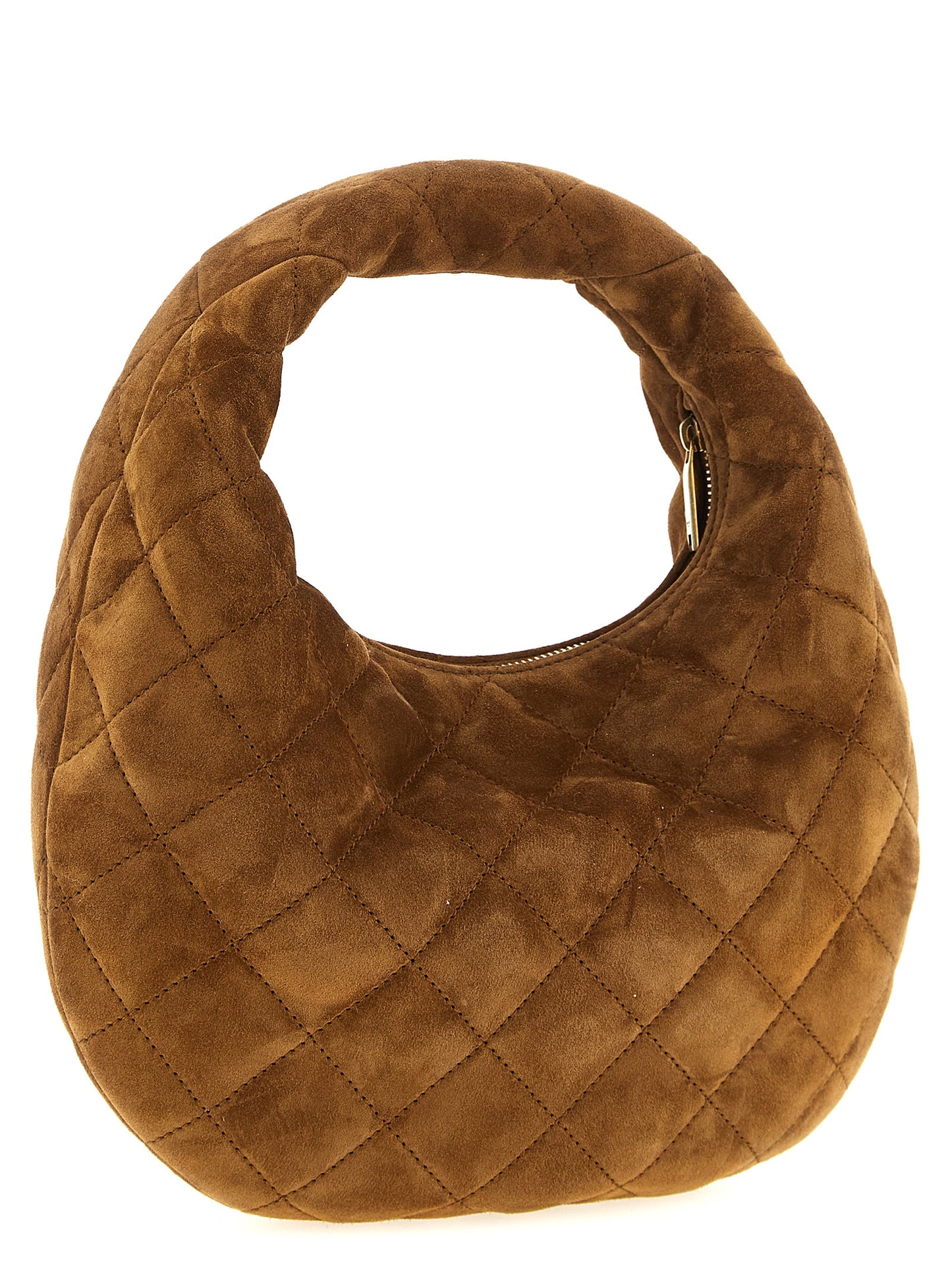 This Quilted Handbag by Saint Laurent for women in calfskin leather and brown & signature presents a sculptural silhouette featuring a secure zipper, ample , and versatile handle for a sculptural finish.