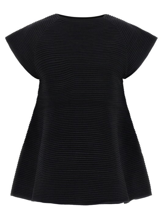 Dress by Issey Miyake for women in polyester & nylon black features an eye catching silhouette with a sophisticated crew neckline, elegant short-sleeve, and a refined short mini for a eye catching aesthetic.