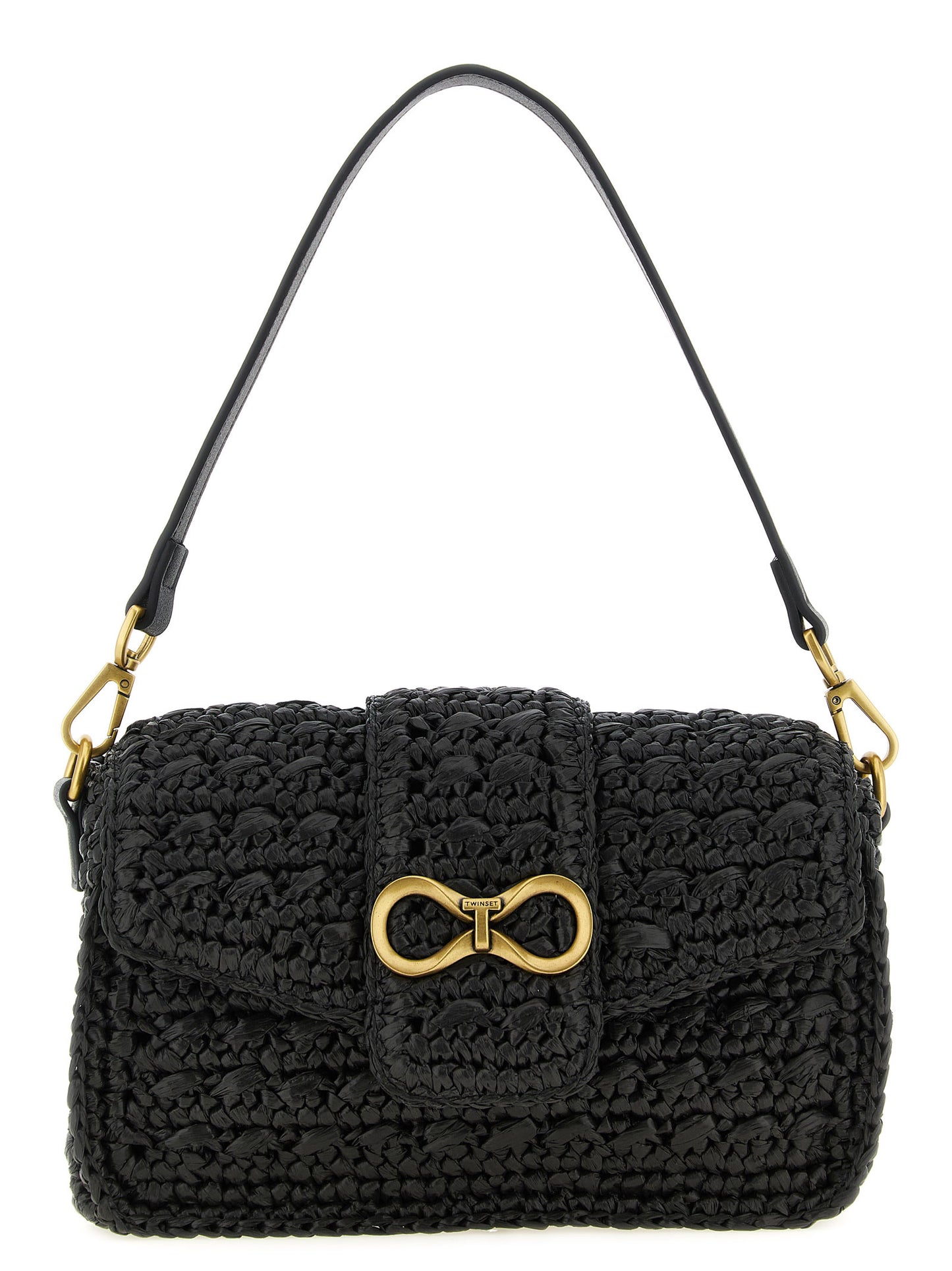 Crossbody Flap Handbag by Twinset for women in raffia cellulose & polypropylene faux leather black features a transformative elegance silhouette, showcasing a secure flap & magnetic, organized , and versatile crossbody-strap, shoulder-strap, detachable-strap & handle for a transformative elegance look.