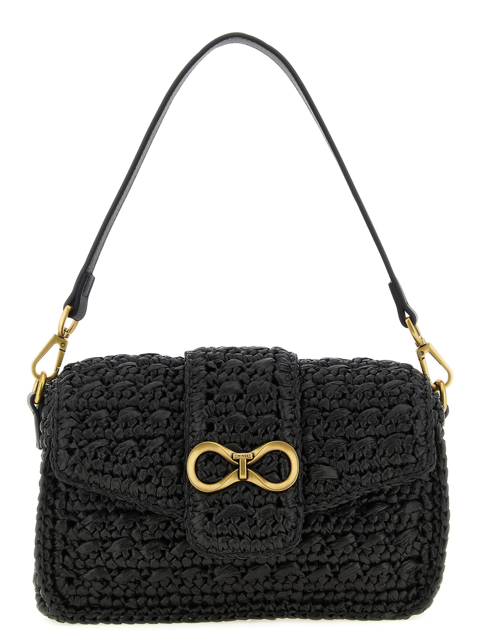 Crossbody Flap Handbag by Twinset for women in raffia cellulose & polypropylene faux leather black features a transformative elegance silhouette, showcasing a secure flap & magnetic, organized , and versatile crossbody-strap, shoulder-strap, detachable-strap & handle for a transformative elegance look.