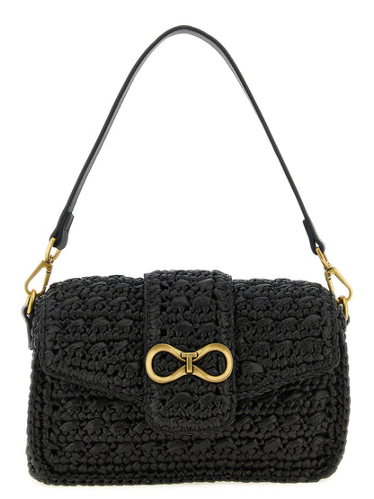 Crossbody Flap Handbag by Twinset for women in raffia cellulose & polypropylene faux leather black features a transformative elegance silhouette, showcasing a secure flap & magnetic, organized , and versatile crossbody-strap, shoulder-strap, detachable-strap & handle for a transformative elegance look.