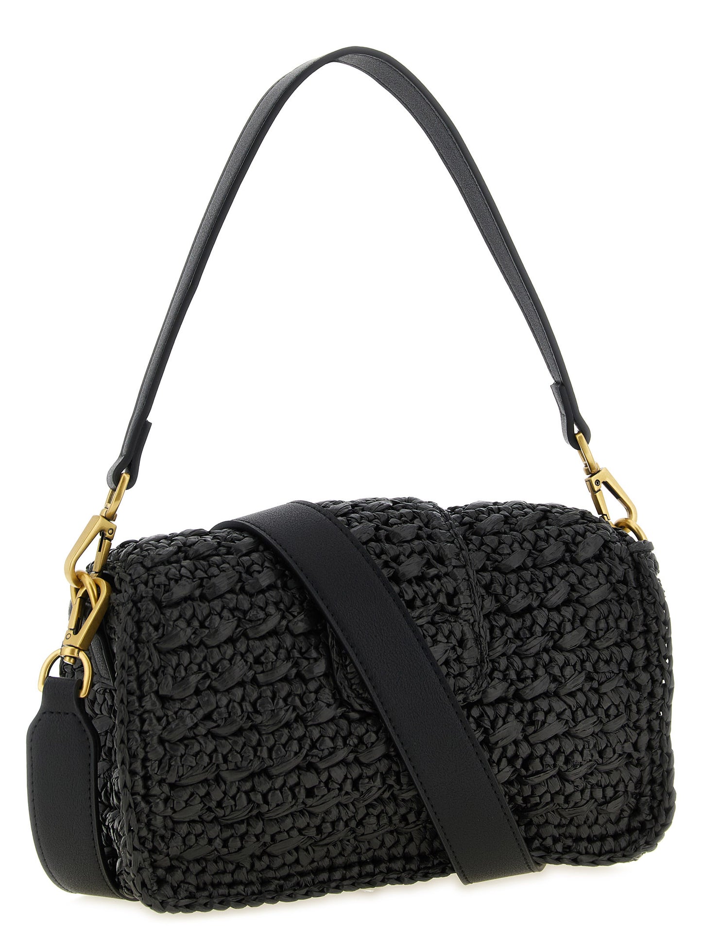 Crossbody Flap Handbag by Twinset for women in raffia cellulose & polypropylene faux leather black features a versatile chic silhouette, meticulously detailed with a secure flap & magnetic, ample , and versatile crossbody-strap, shoulder-strap, detachable-strap & handle.