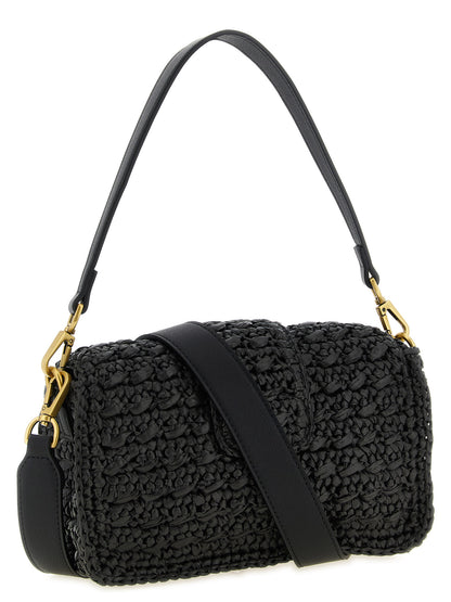 Crossbody Flap Handbag by Twinset for women in raffia cellulose & polypropylene faux leather black features a versatile chic silhouette, meticulously detailed with a secure flap & magnetic, ample , and versatile crossbody-strap, shoulder-strap, detachable-strap & handle.