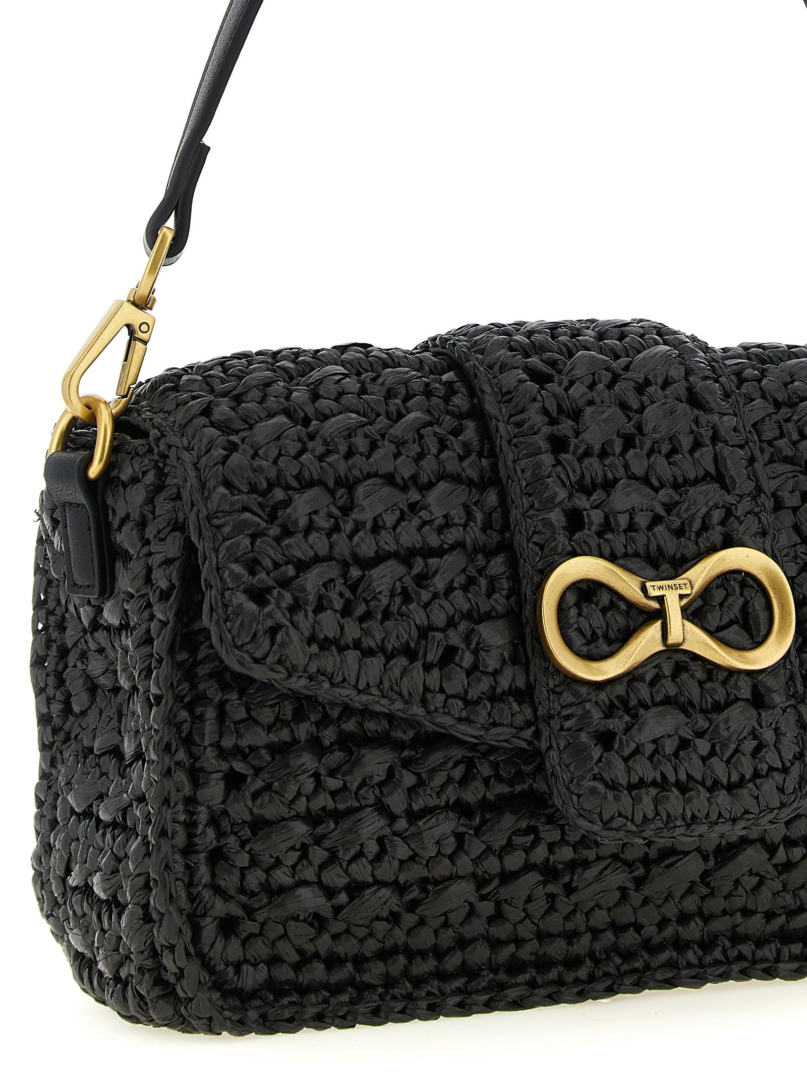Crossbody Flap Handbag by Twinset for women in raffia cellulose & polypropylene faux leather black showcases a versatile sophistication silhouette, featuring a secure flap & magnetic, versatile sophistication , and versatile crossbody-strap, shoulder-strap, detachable-strap & handle for a versatile sophistication finish.