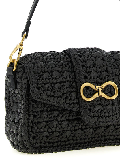 Crossbody Flap Handbag by Twinset for women in raffia cellulose & polypropylene faux leather black showcases a versatile sophistication silhouette, featuring a secure flap & magnetic, versatile sophistication , and versatile crossbody-strap, shoulder-strap, detachable-strap & handle for a versatile sophistication finish.