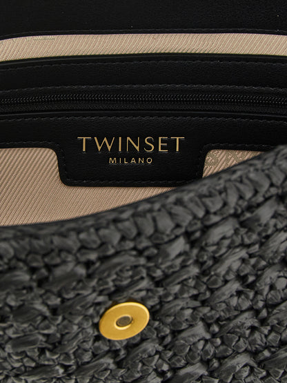 Crossbody Flap Handbag by Twinset for women in raffia cellulose & polypropylene faux leather black features a transformative sophistication silhouette, showcasing a secure flap & magnetic, ample , and versatile crossbody-strap, shoulder-strap, detachable-strap & handle for a transformative sophistication look.
