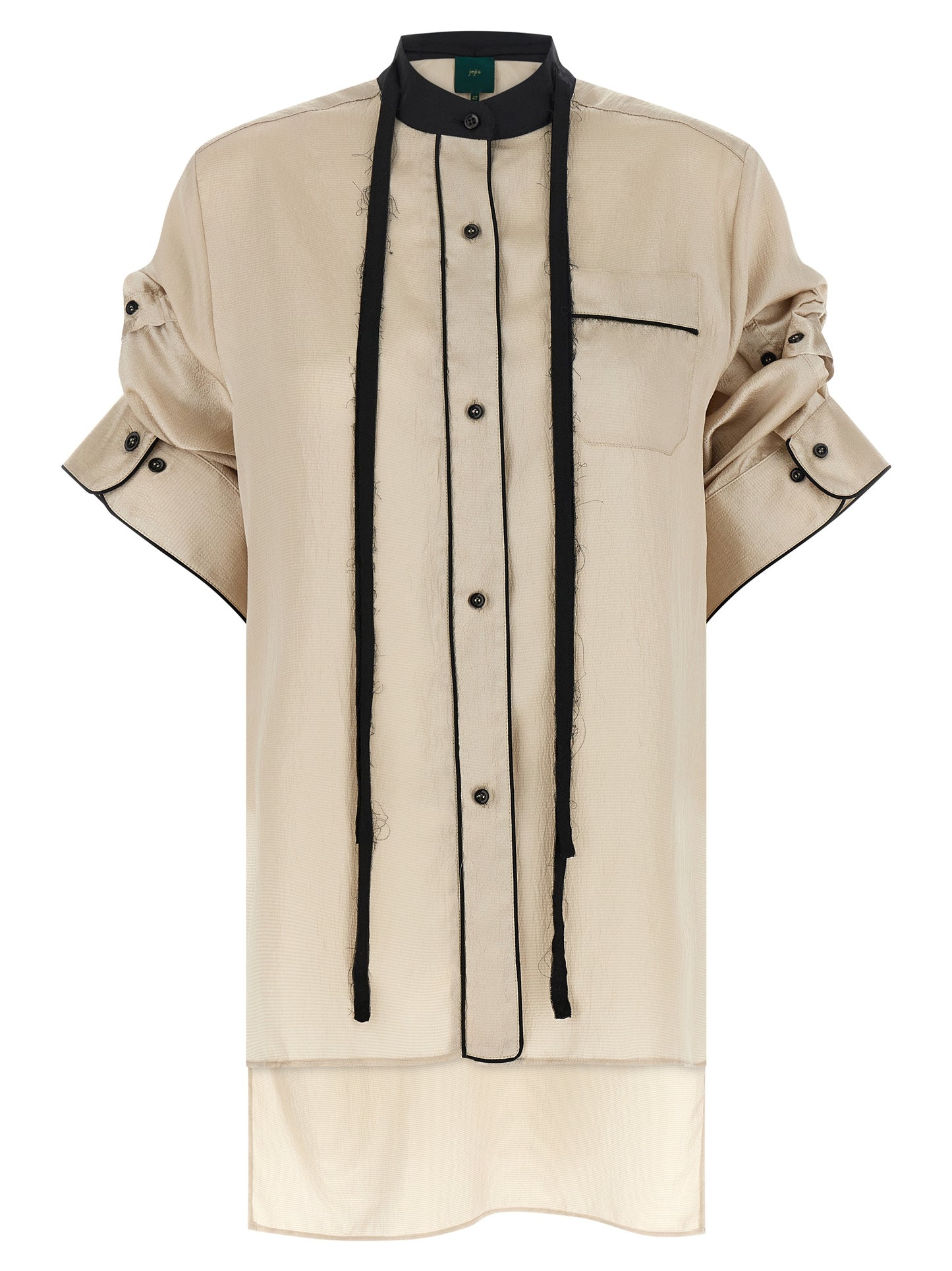 Blouse by MAISON JEJIA for women in silk polyester satin beige showcases a sleek silhouette, elegantly detailed with a sleek mandarin neckline and three-quarter-sleeve for a sleek finish.