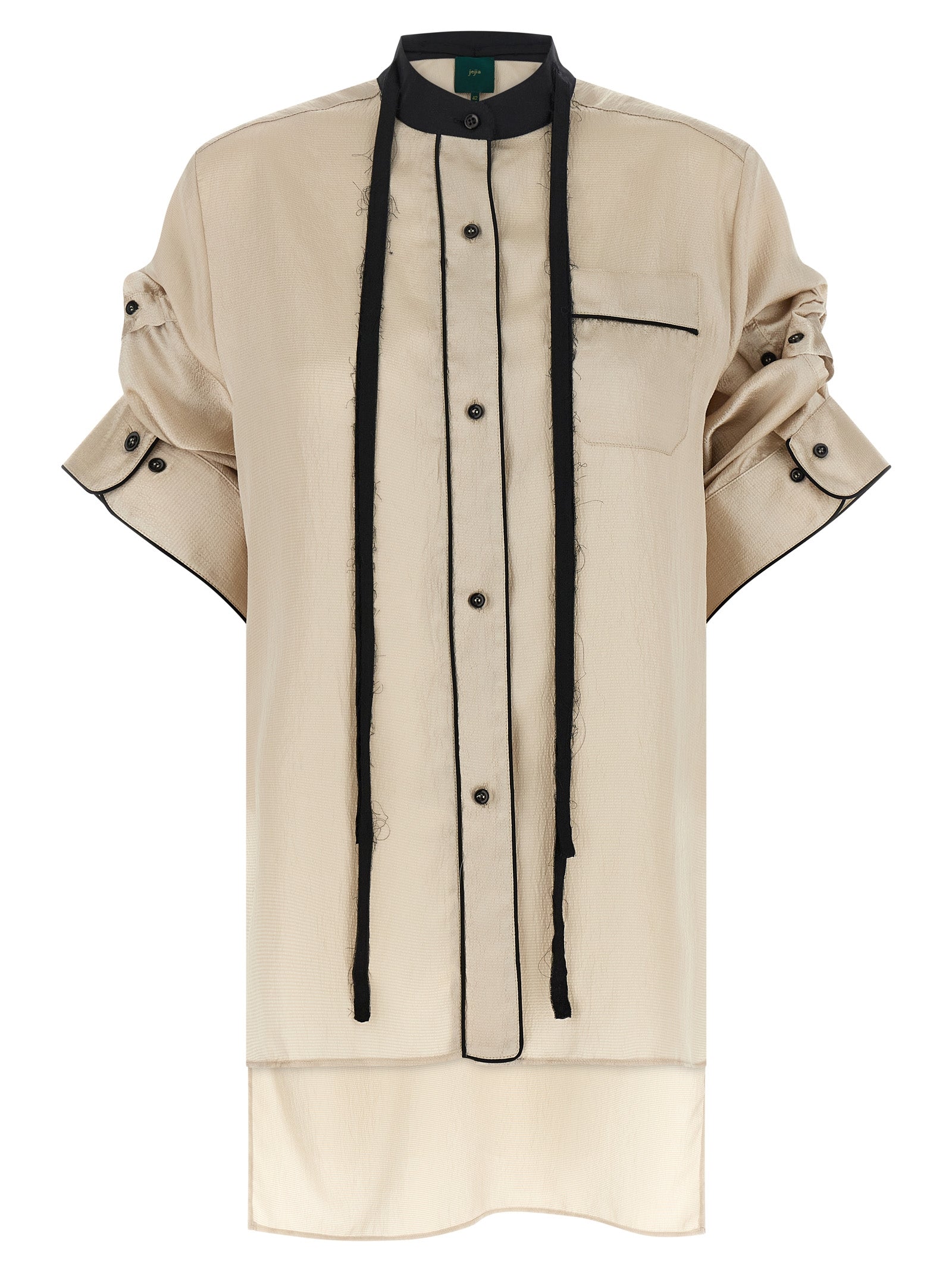 Blouse by MAISON JEJIA for women in silk polyester satin beige showcases a sleek silhouette, elegantly detailed with a sleek mandarin neckline and three-quarter-sleeve for a sleek finish.