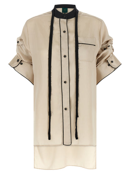 Blouse by MAISON JEJIA for women in silk polyester satin beige showcases a sleek silhouette, elegantly detailed with a sleek mandarin neckline and three-quarter-sleeve for a sleek finish.