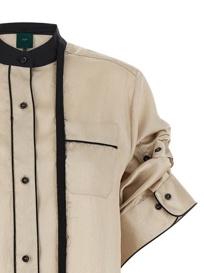 Blouse by MAISON JEJIA for women in silk polyester satin beige showcases a sleek silhouette, elegantly detailed with a sleek mandarin neckline and for a sleek finish.