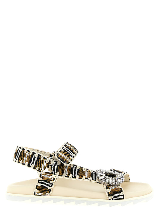 Flat Sandals by Roger Vivier for women in cotton polyester leather & crystal multicolor features an statuesque Viv Women's Cotton Polyester Leather & Crystal Flat Sandals silhouette with a refined flat and elegant .
