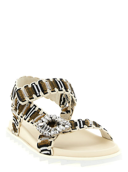 Flat Sandals by Roger Vivier for women in cotton polyester leather & crystal and multicolor presents a captivating silhouette, showcasing the signature style of the Viv Women's Cotton Polyester Leather & Crystal Flat Sandals with a captivating flat and captivating .