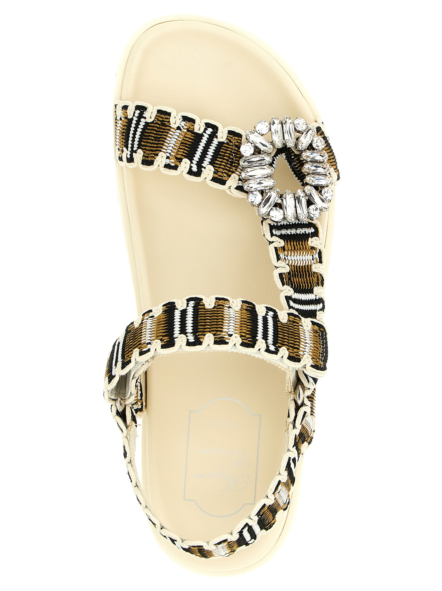 Flat Sandals by Roger Vivier for women in cotton polyester leather & crystal multicolor presents a sculptural silhouette, showcasing the Viv Women's Cotton Polyester Leather & Crystal Flat Sandals design with a sculptural flat and for a premium look.