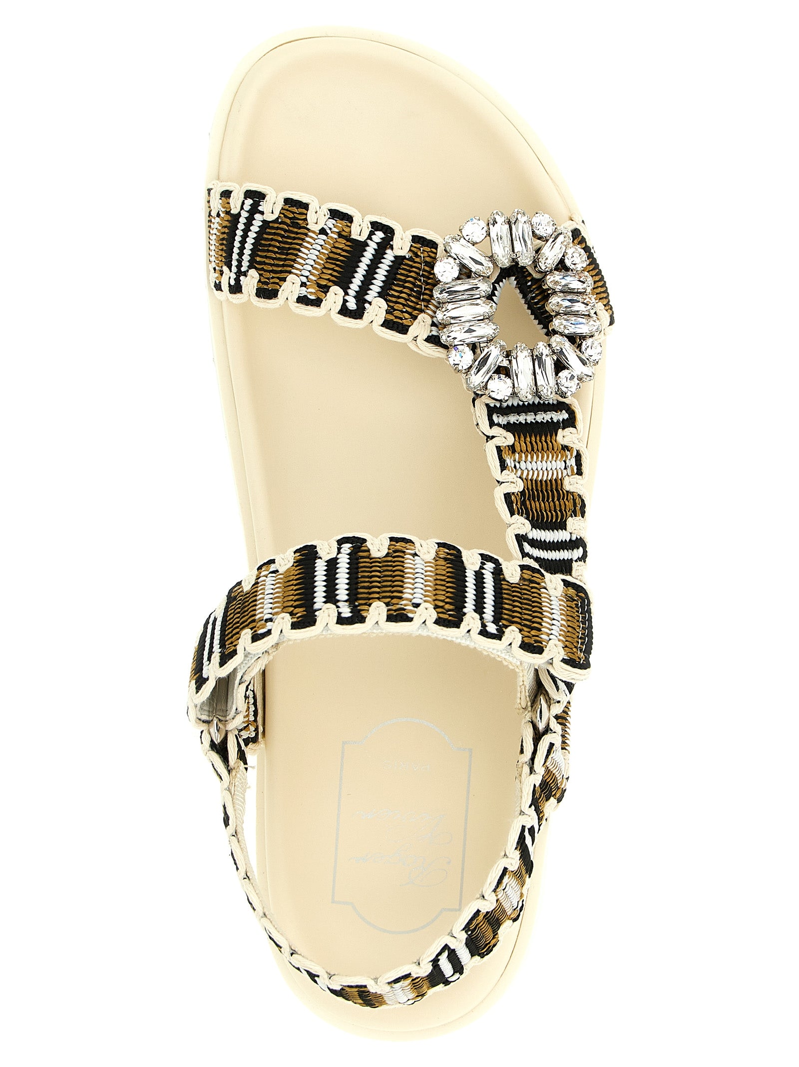Flat Sandals by Roger Vivier for women in cotton polyester leather & crystal multicolor presents a sculptural silhouette, showcasing the Viv Women's Cotton Polyester Leather & Crystal Flat Sandals design with a sculptural flat and for a premium look.