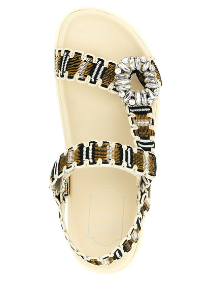 Flat Sandals by Roger Vivier for women in cotton polyester leather & crystal multicolor presents a sculptural silhouette, showcasing the Viv Women's Cotton Polyester Leather & Crystal Flat Sandals design with a sculptural flat and for a premium look.