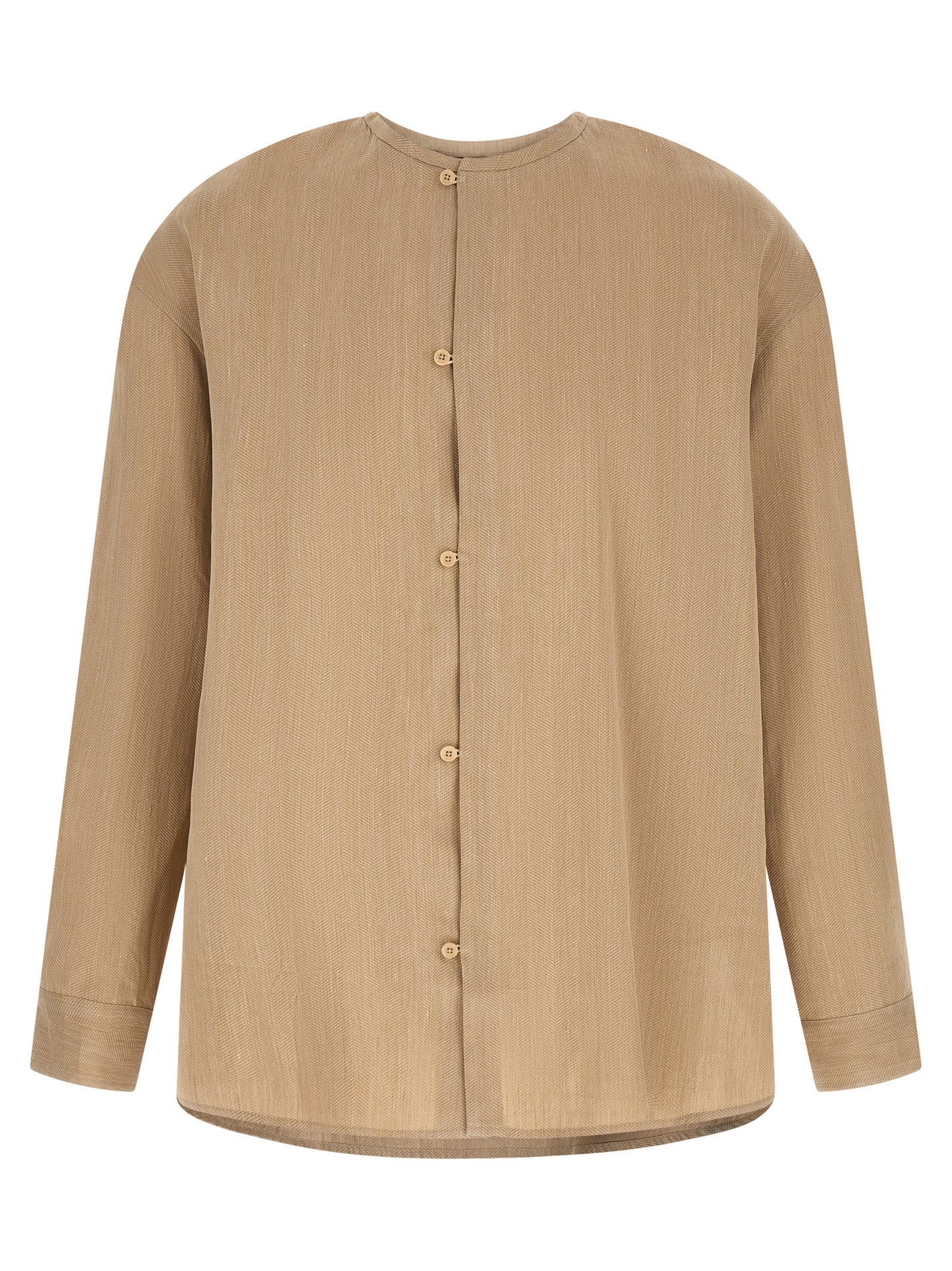 Shirt by Jacquemus for men in linen polyamide & viscose beige, horn, patterned & chevron showcases a sublime silhouette, artfully detailed with a sublime crew neckline and long-sleeve for a sophisticated, sublime finish.