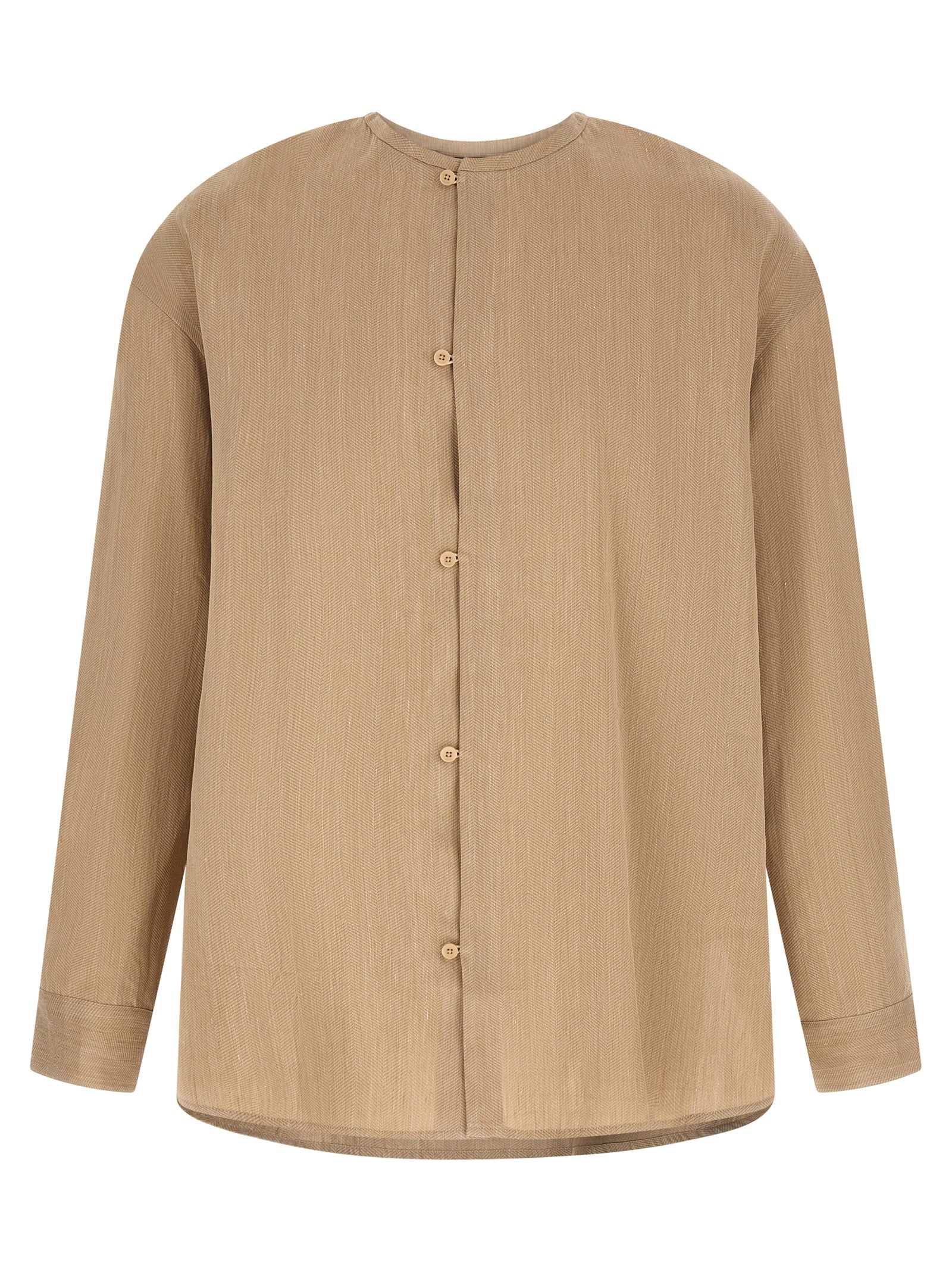 Shirt by Jacquemus for men in linen polyamide & viscose beige, horn, patterned & chevron showcases a sublime silhouette, artfully detailed with a sublime crew neckline and long-sleeve for a sophisticated, sublime finish.