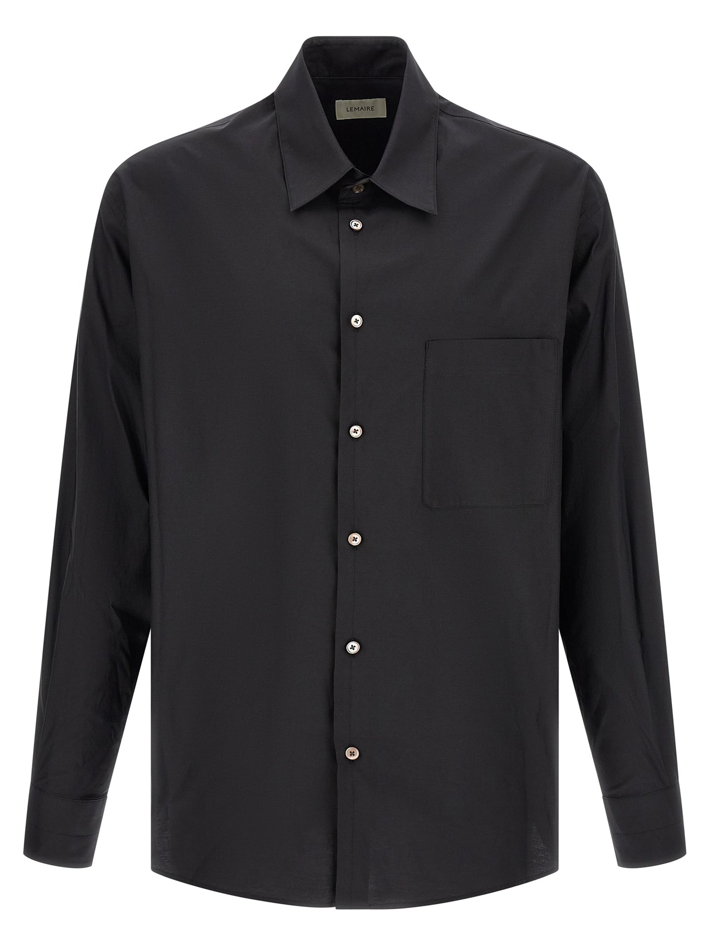 Shirt by Lemaire for men in cotton & silk black & pearl features an architectural silhouette with a refined long-sleeve and elegant for a architectural look.