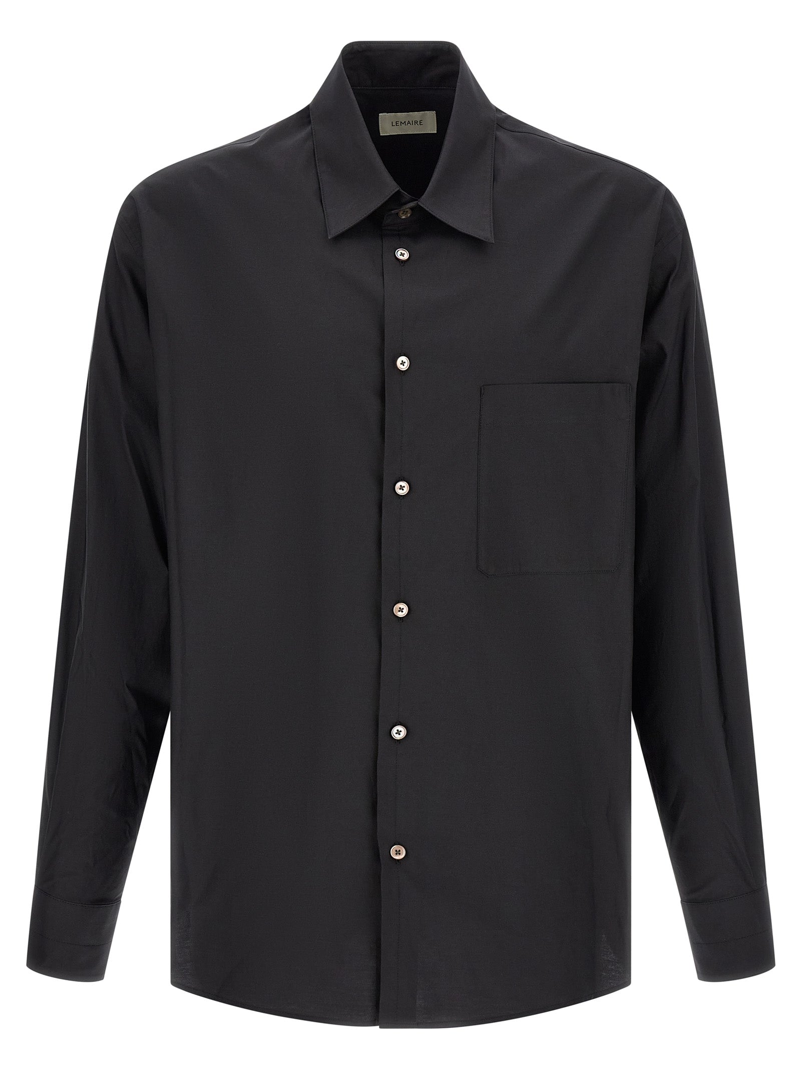 Shirt by Lemaire for men in cotton & silk black & pearl features an architectural silhouette with a refined long-sleeve and elegant for a architectural look.